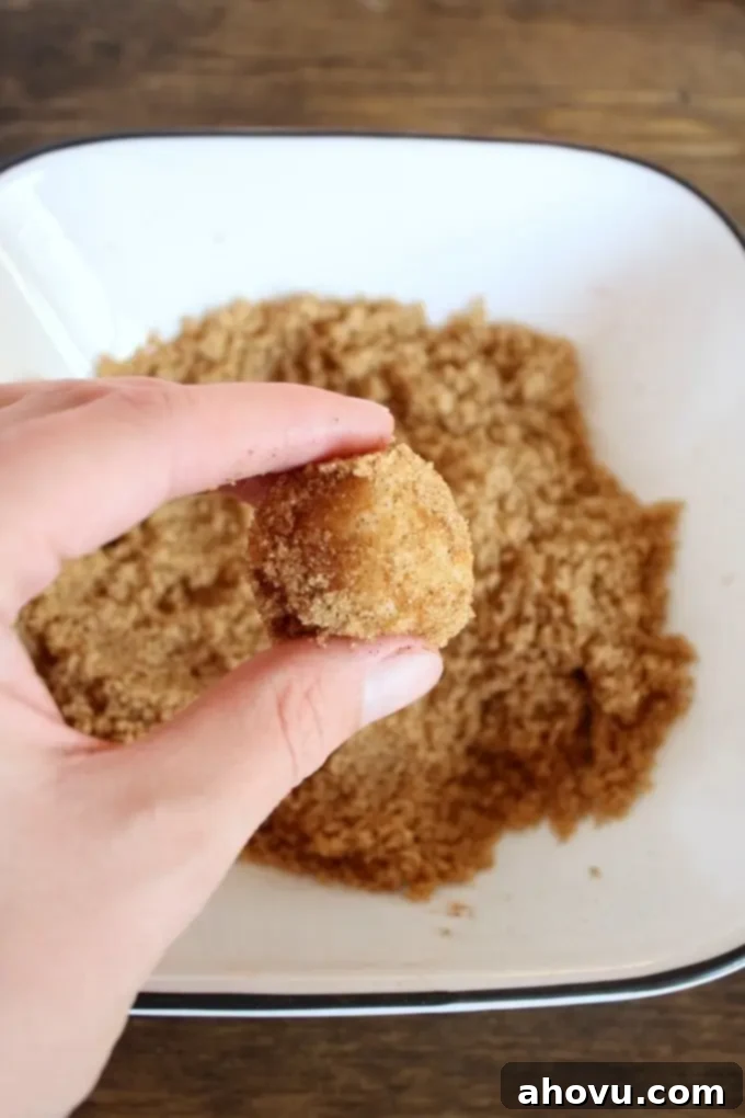 A ball of raw dough coated in cinnamon-sugar being held aloft. 