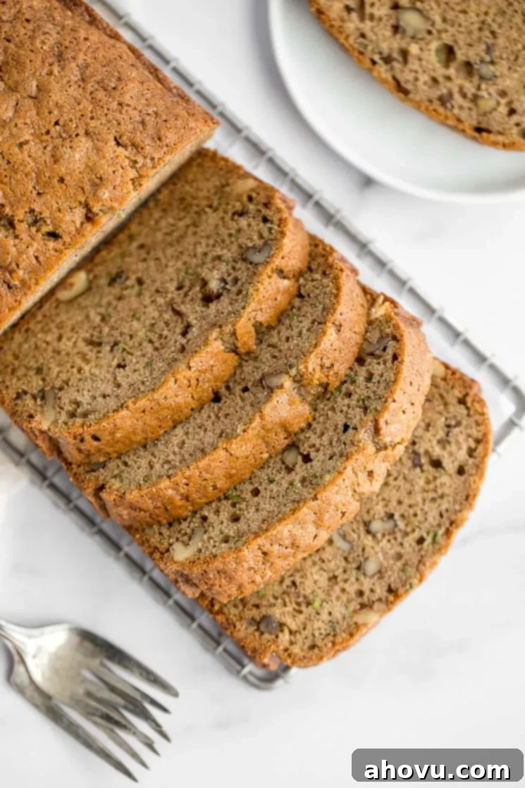 Grandma's Zucchini Bread 5 An overhead picture of a sliced zucchini bread.