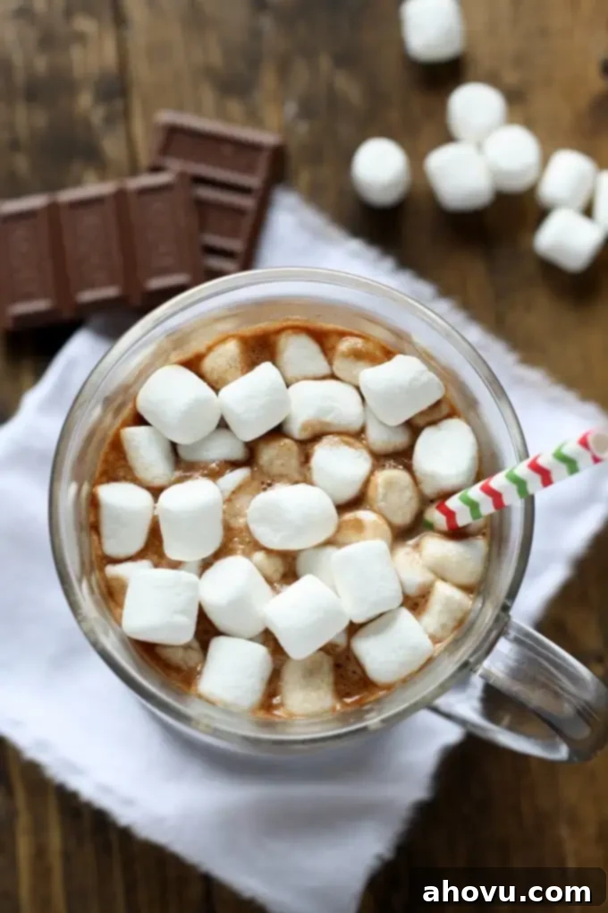 Overhead view of hot chocolate topped with marshmallows in a glass mug. Chocolate squares and mini marshmallows rest in the background. 