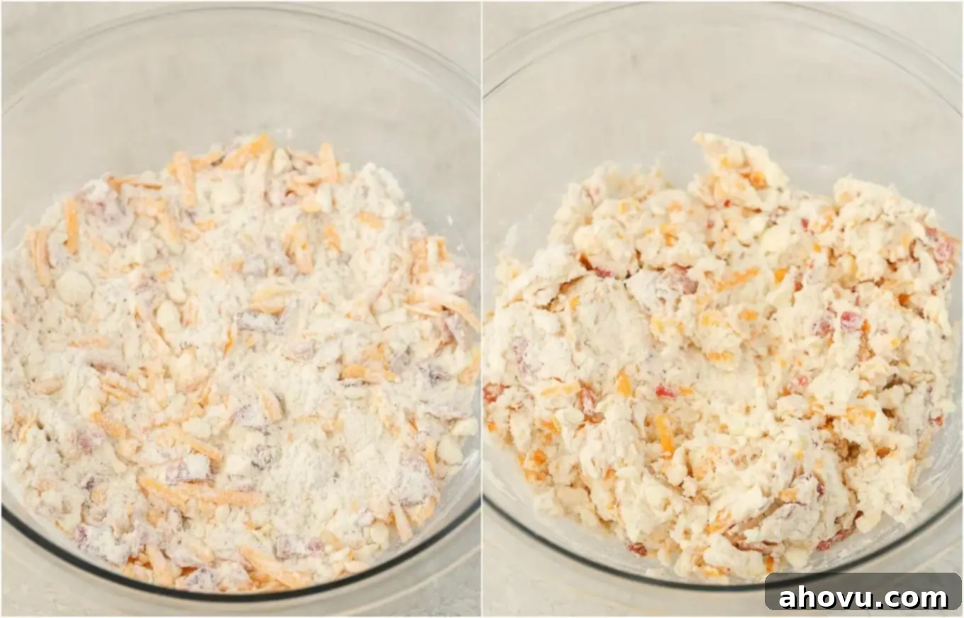 Process shot showing how to gently mix shredded cheddar cheese and crumbled bacon into the biscuit dough with a spatula.