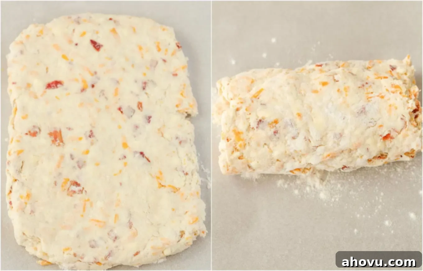 Process shot showing how to flatten biscuit dough into a rectangle and fold it, demonstrating the lamination technique.