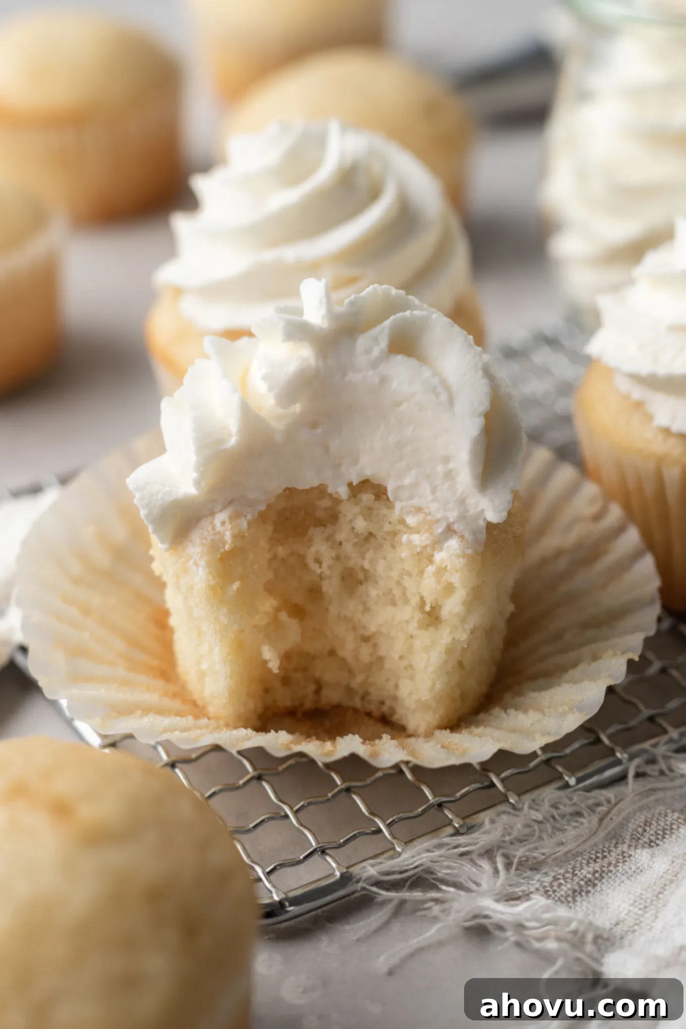 A vanilla cupcake topped with stable whipped cream, with a bite missing. 