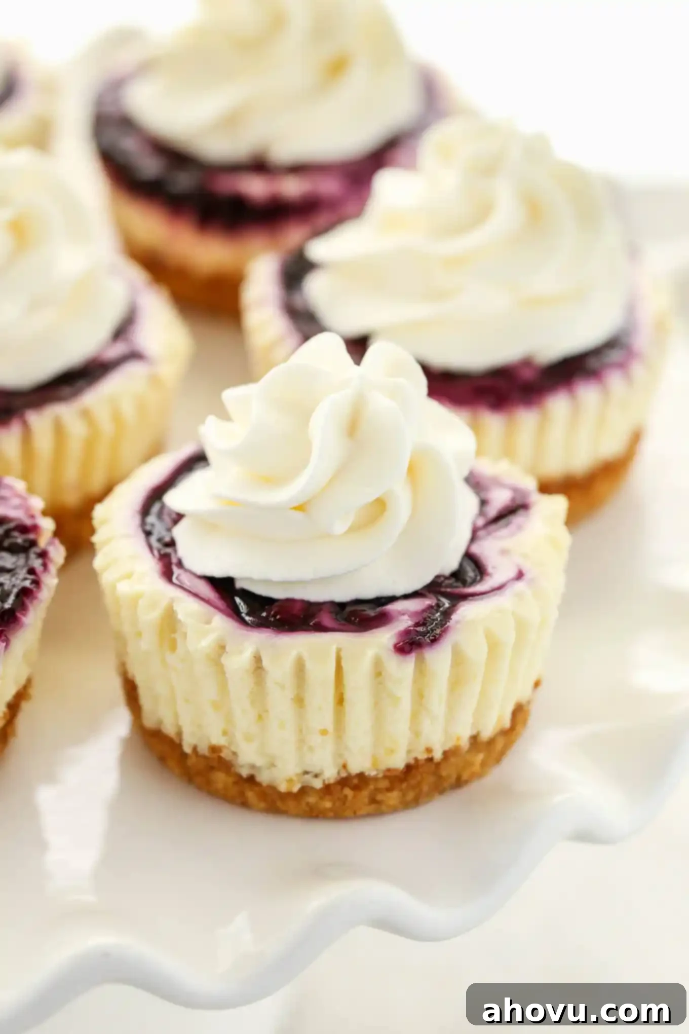 Lemon Blueberry Cheesecake Bites 3 Close up view of mini blueberry cheesecake bites topped with whipped cream on a white cake stand.
