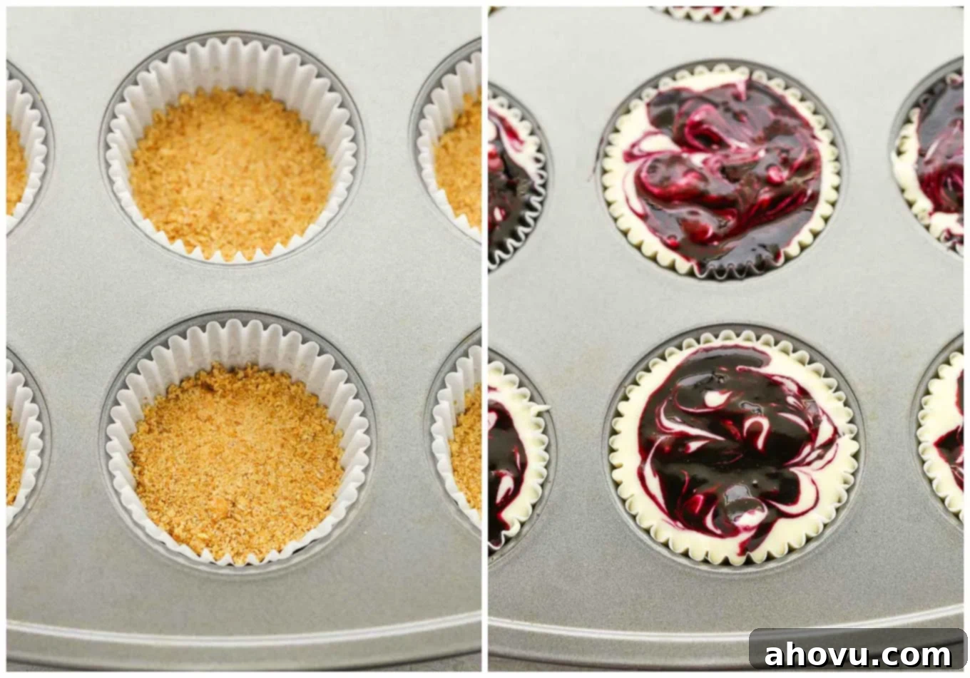 Lemon Blueberry Cheesecake Bites 6 A photo collage showing how lemon blueberry cheesecake bites are assembled.