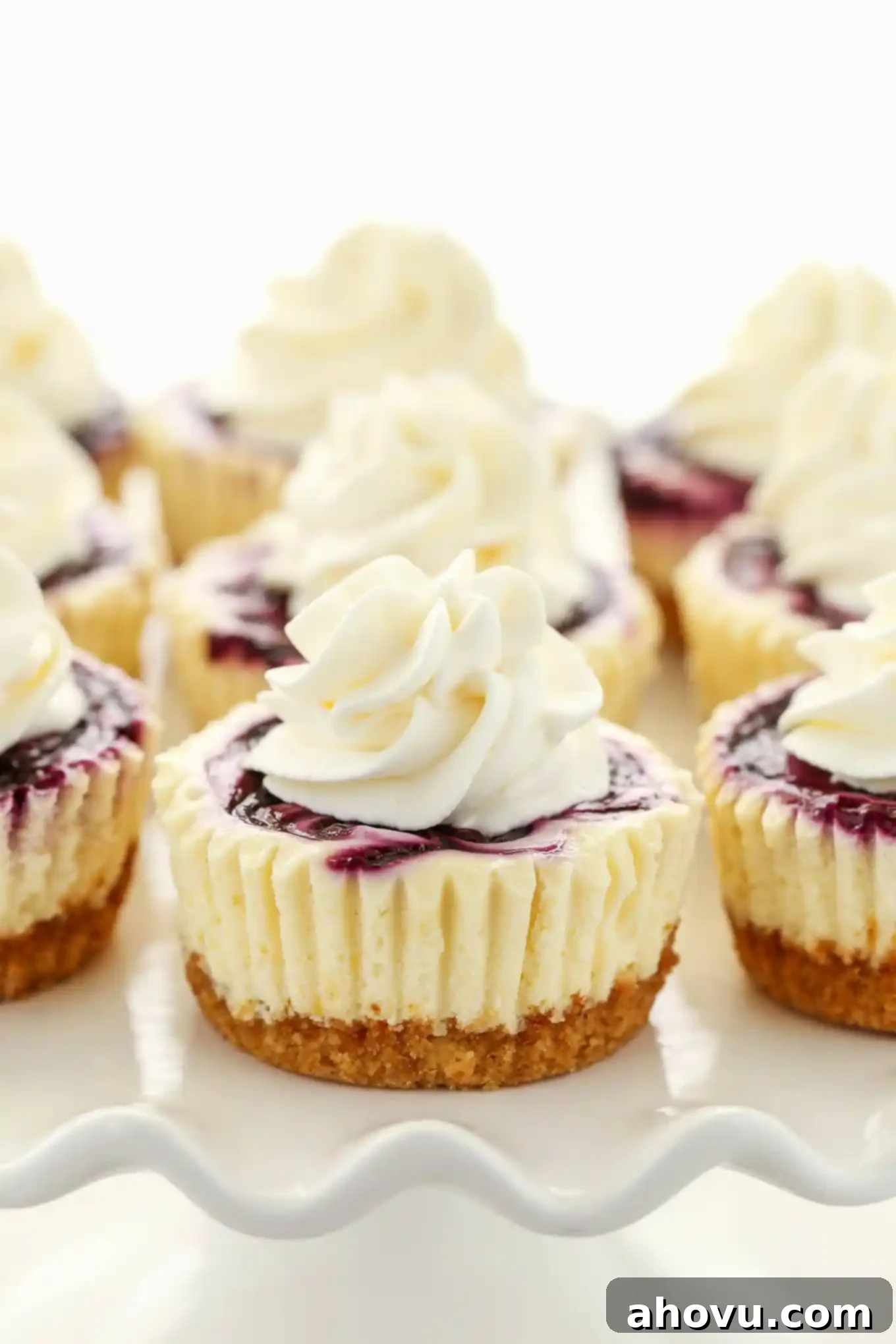 Lemon Blueberry Cheesecake Bites 7 Side view of lemon blueberry cheesecake bites topped with whipped cream on a white cake stand.