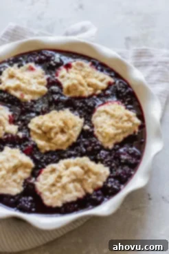A vibrant round baking dish filled with bubbling blackberry filling, topped with evenly spaced dollops of biscuit topping, ready for the oven.