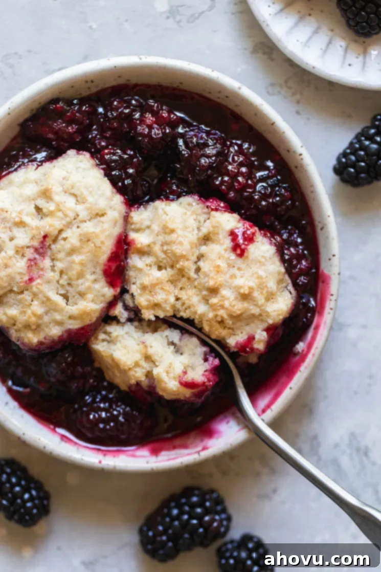 An antique white bowl filled with a generous serving of warm blackberry cobbler, featuring a golden biscuit topping and bubbling fruit, with a spoon taking out a bite.