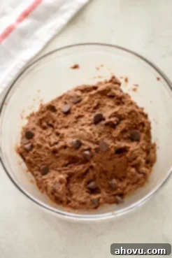 A glass bowl filled with rich, dark double chocolate chip cookie dough, showing flecks of chocolate chips mixed throughout.