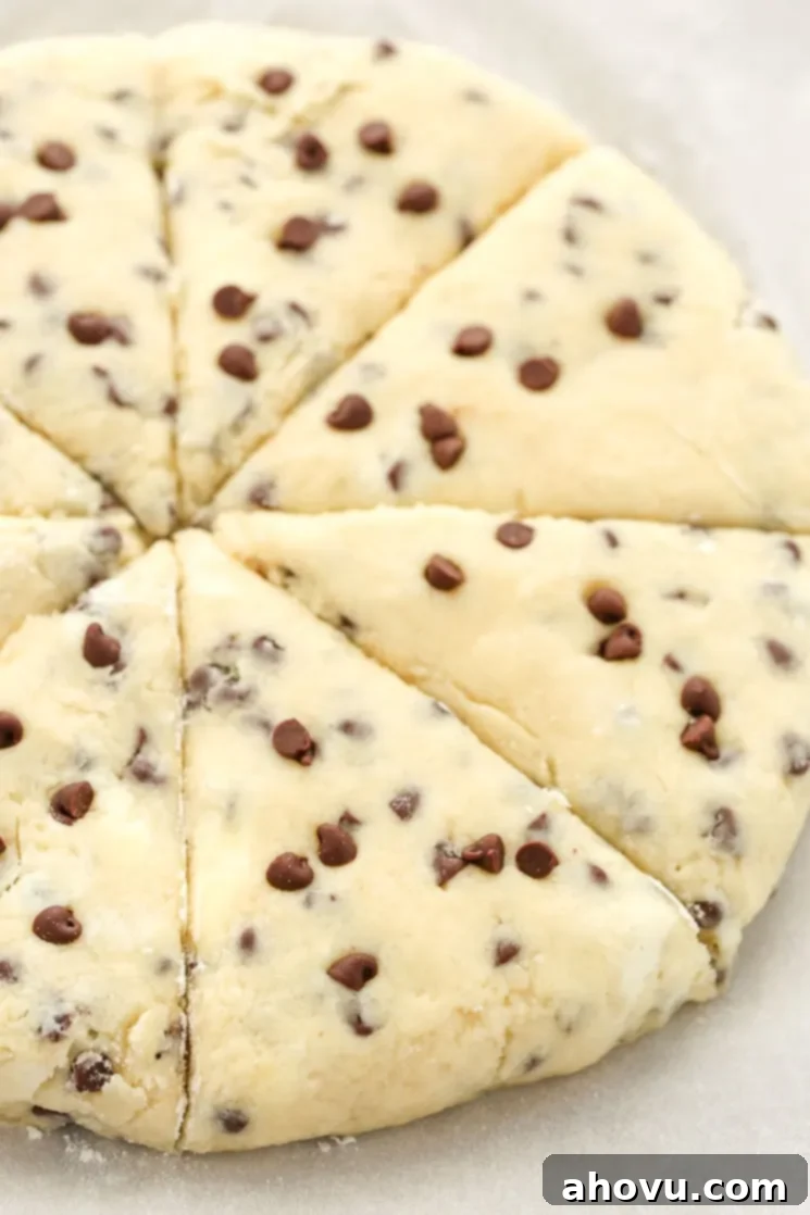 Irresistible Chocolate Chip Scones 4 Raw scone dough that's been cut into 8 sections.