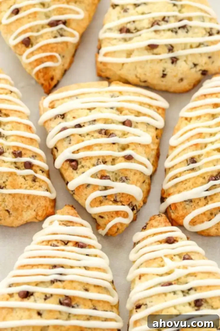 Irresistible Chocolate Chip Scones 5 Glazed chocolate chip scones sitting on top of a piece of parchment paper.