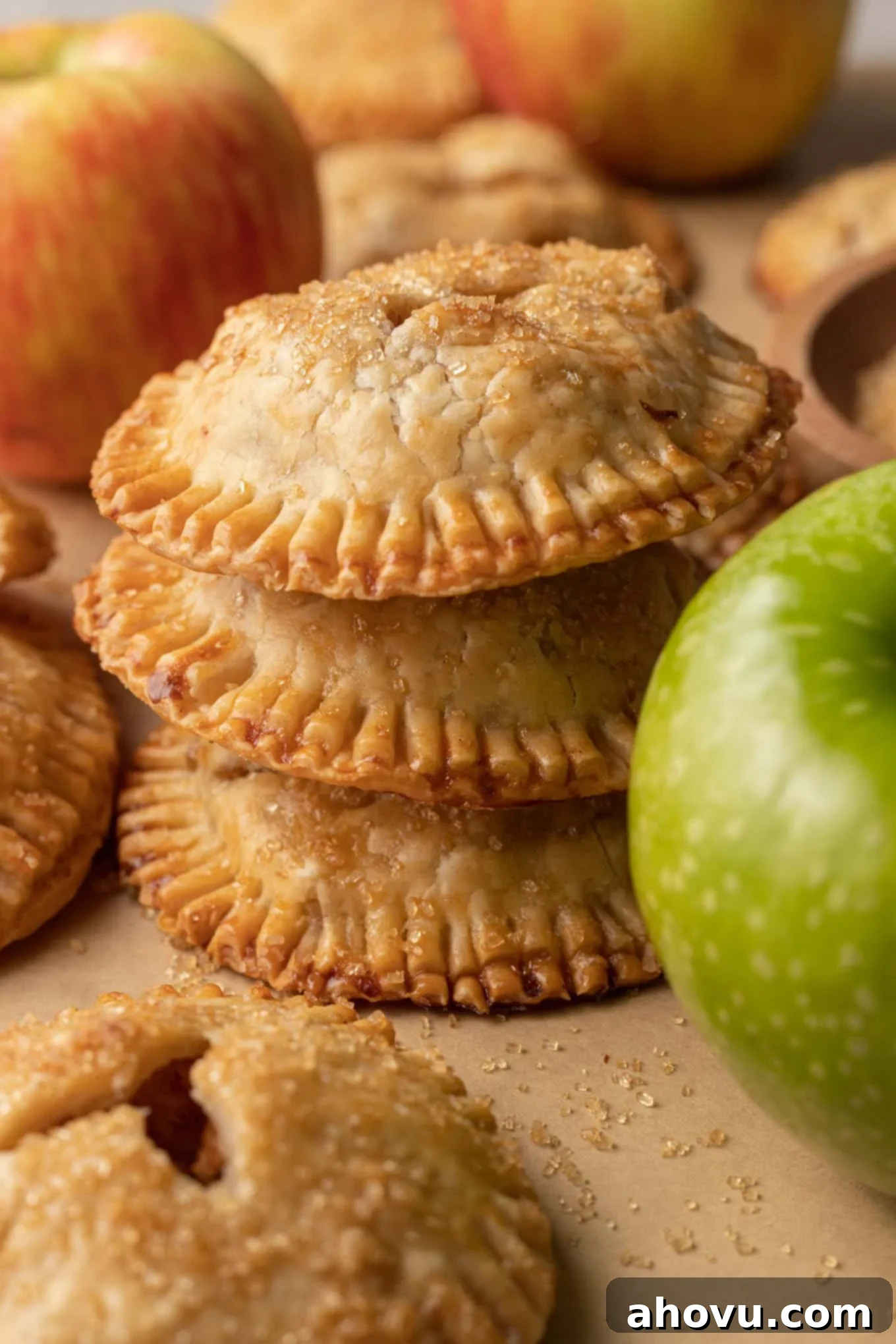 Flaky Apple Turnovers 2 A stack of three golden-brown apple hand pies, with a vibrant green Granny Smith apple in the foreground, ready to be enjoyed.