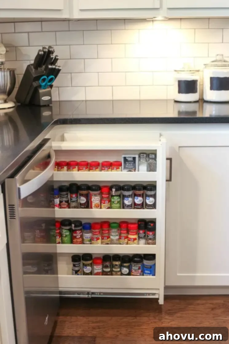 A narrow pull-out spice rack drawer seamlessly integrated next to the dishwasher, maximizing every inch of kitchen space.