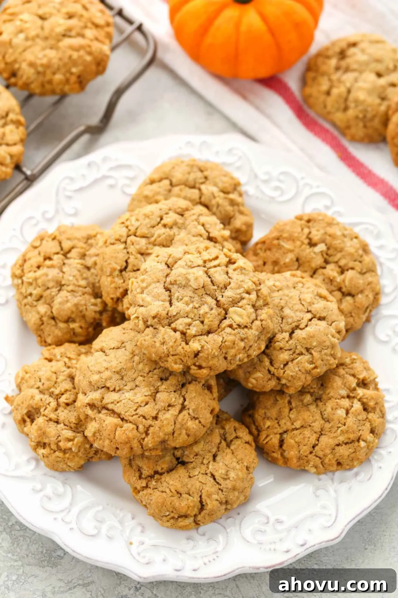 These pumpkin oatmeal cookies are super soft, chewy, thick, and full of pumpkin flavor! The perfect cookie for fall! 