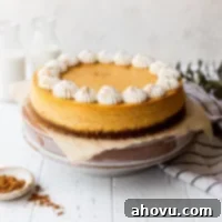 A festive pumpkin cheesecake on a cake stand, ready to be served for a special occasion.