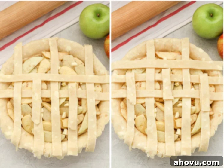 Mastering the Lattice Pie Crust 4 First step of lattice weaving: five vertical strips placed, and the initial horizontal strip being woven through alternating vertical strips.
