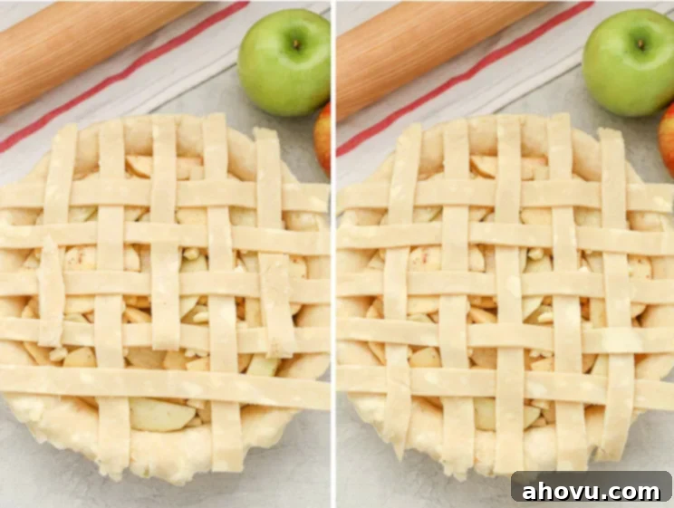 Mastering the Lattice Pie Crust 6 Continuing the lattice pattern, adding a horizontal strip to the lower half of the pie by lifting alternating vertical strips.