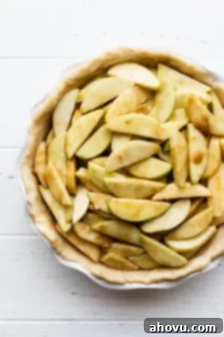 A pristine white pie dish cradling a perfectly fitted pie crust, generously mounded with seasoned sliced apples, awaiting its top crust.