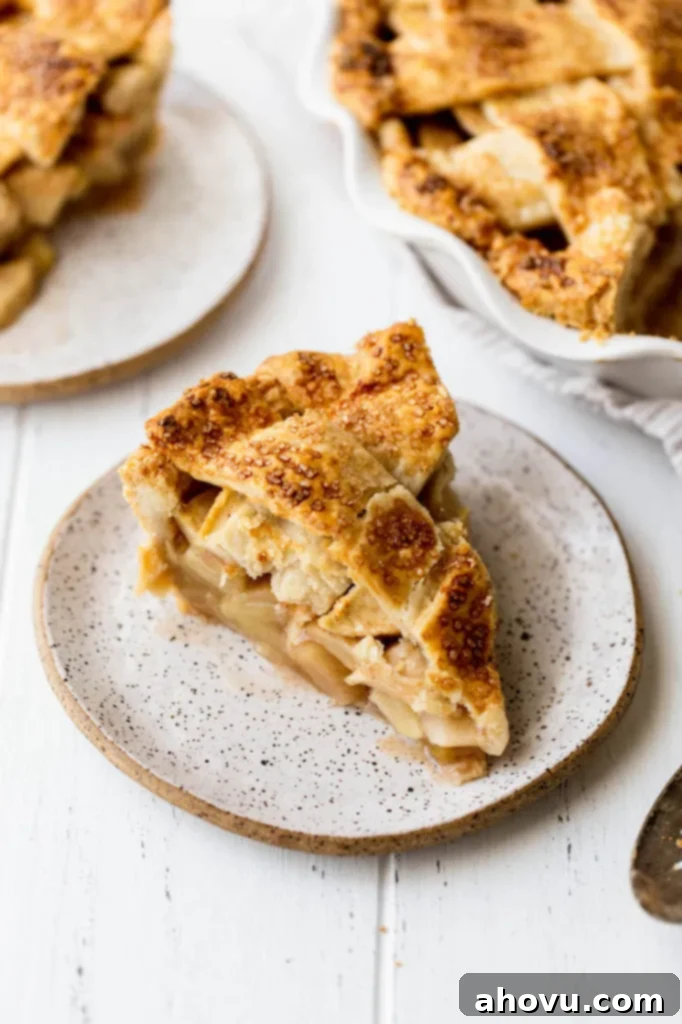 A single, perfectly cut slice of apple pie sits on a white plate, with the rest of the pie still in its white baking dish prominently displayed behind it.
