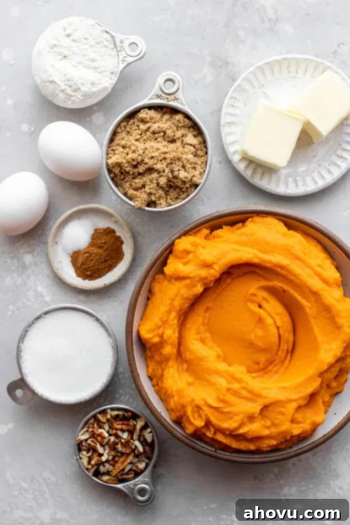 Various ingredients for a sweet potato casserole, including whole sweet potatoes, butter, sugar, and pecans, laid out on a gray surface.