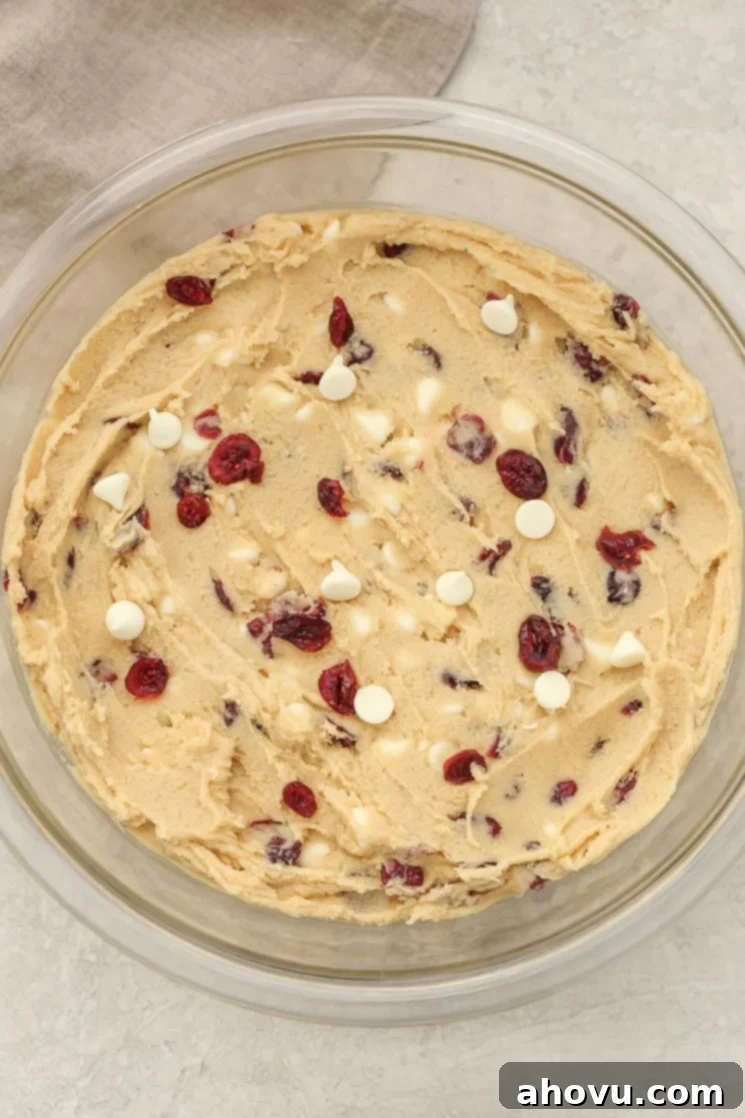 A top-down view of a plate of homemade white chocolate cranberry cookies, showcasing their golden edges, soft centers, and colorful white chocolate and cranberry pieces.