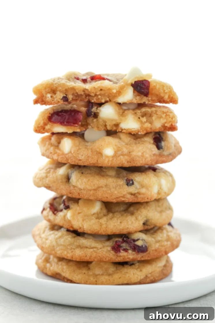 A stack of golden brown, perfectly round white chocolate cranberry cookies cooling on a wire rack, showcasing their even bake and appealing shape.
