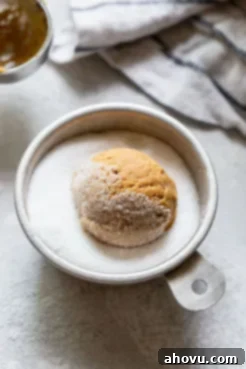 A hand gently rolls a scooped ball of molasses cookie dough in a shallow bowl of granulated sugar, preparing it for baking.