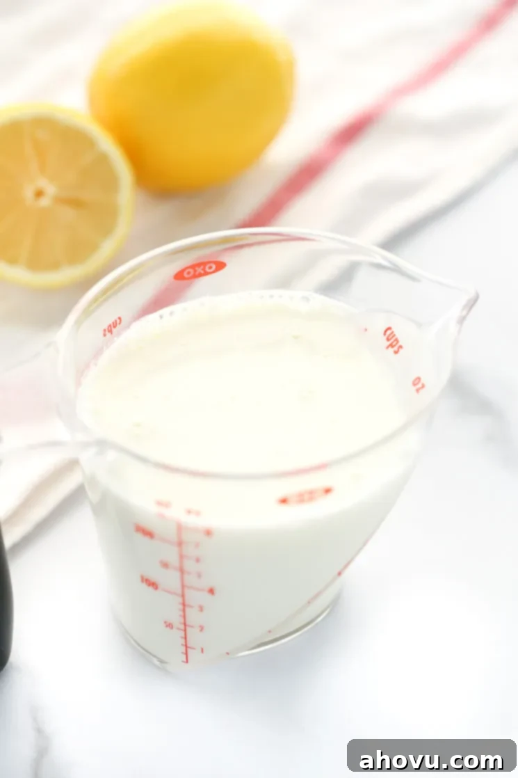 A clear measuring cup filled with homemade buttermilk along with a white napkin and lemons in the background, symbolizing freshness and simplicity.