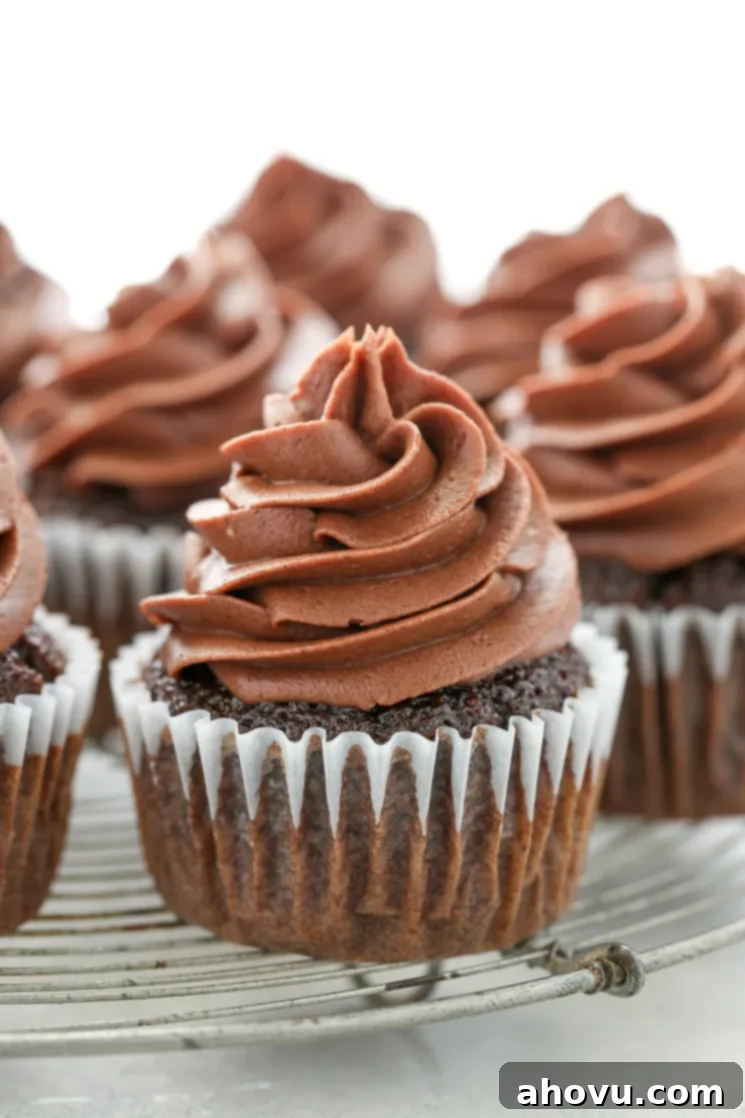 Velvet Chocolate Cream Cheese Bliss 6 A close up picture of chocolate cupcakes topped with chocolate cream cheese frosting sitting on top of an antique round cooling rack.