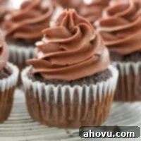 Velvet Chocolate Cream Cheese Bliss 7 A close up picture of a chocolate cupcake topped with chocolate cream cheese frosting on an antique wire rack.