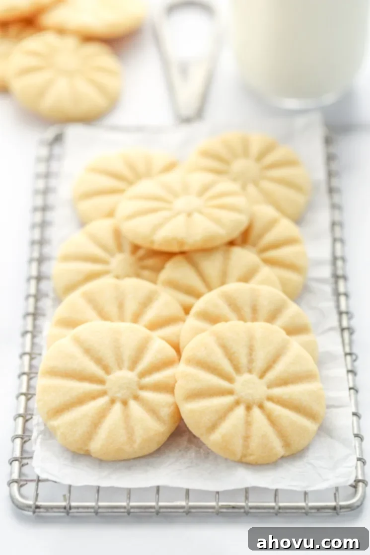 A group of shortbread cookies on top of an antique safety grater with other cookies and milk in the background. 