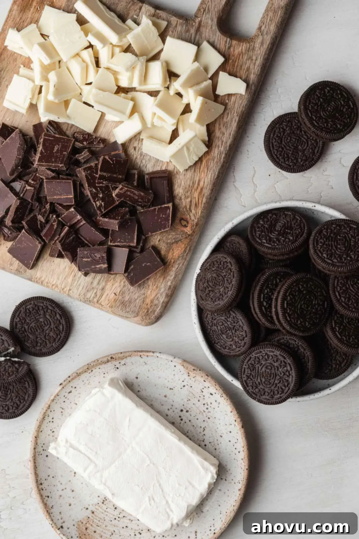 Velvet Oreo Truffles 3 An overhead view of the ingredients needed to make Oreo cookie balls.