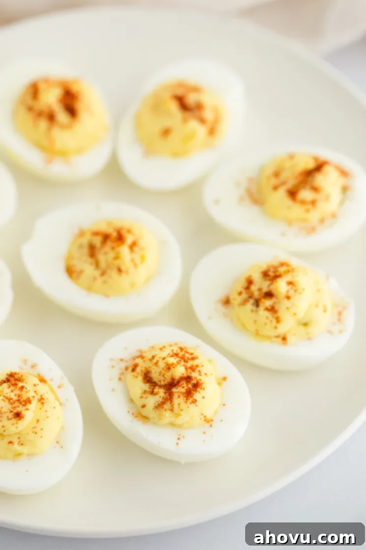 Spiced Yolk Delights 4 Beautifully piped deviled eggs sitting on a white matte plate, garnished with paprika.
