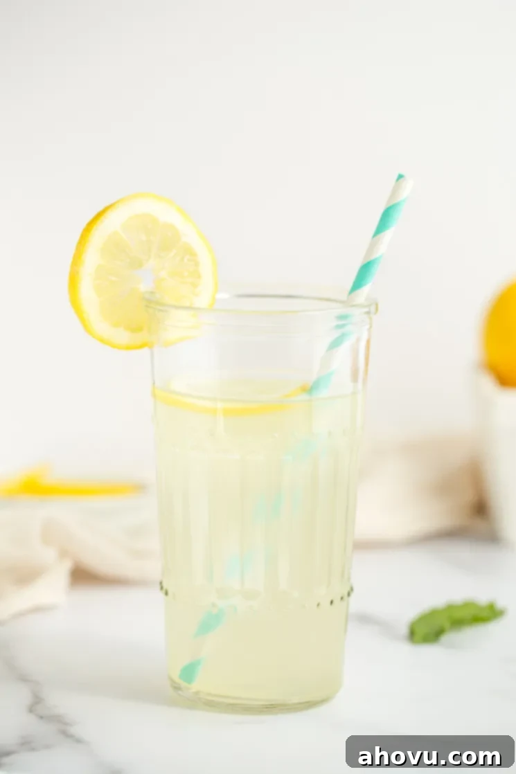 A closeup picture of a glass of lemonade.