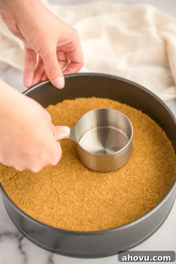 An unbaked graham cracker crust pressed firmly into the bottom of a springform pan, ready for the filling.