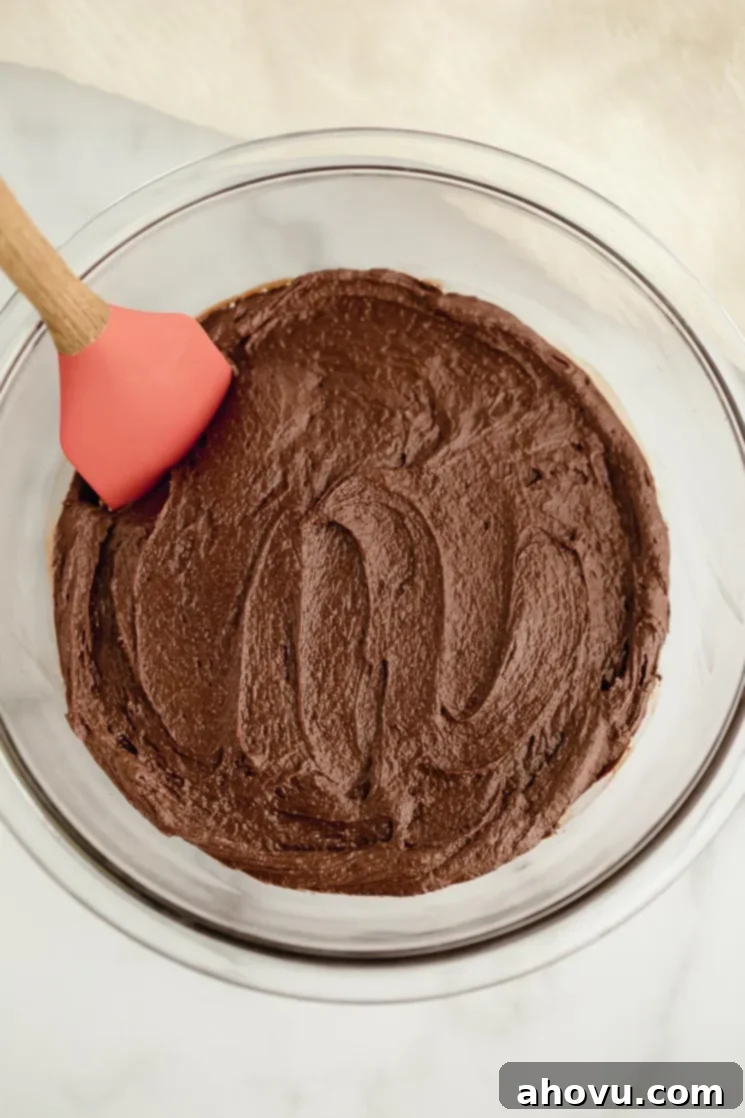 A glass mixing bowl filled with rich, dark brownie cookie dough, showing its thick and glossy texture before chilling.