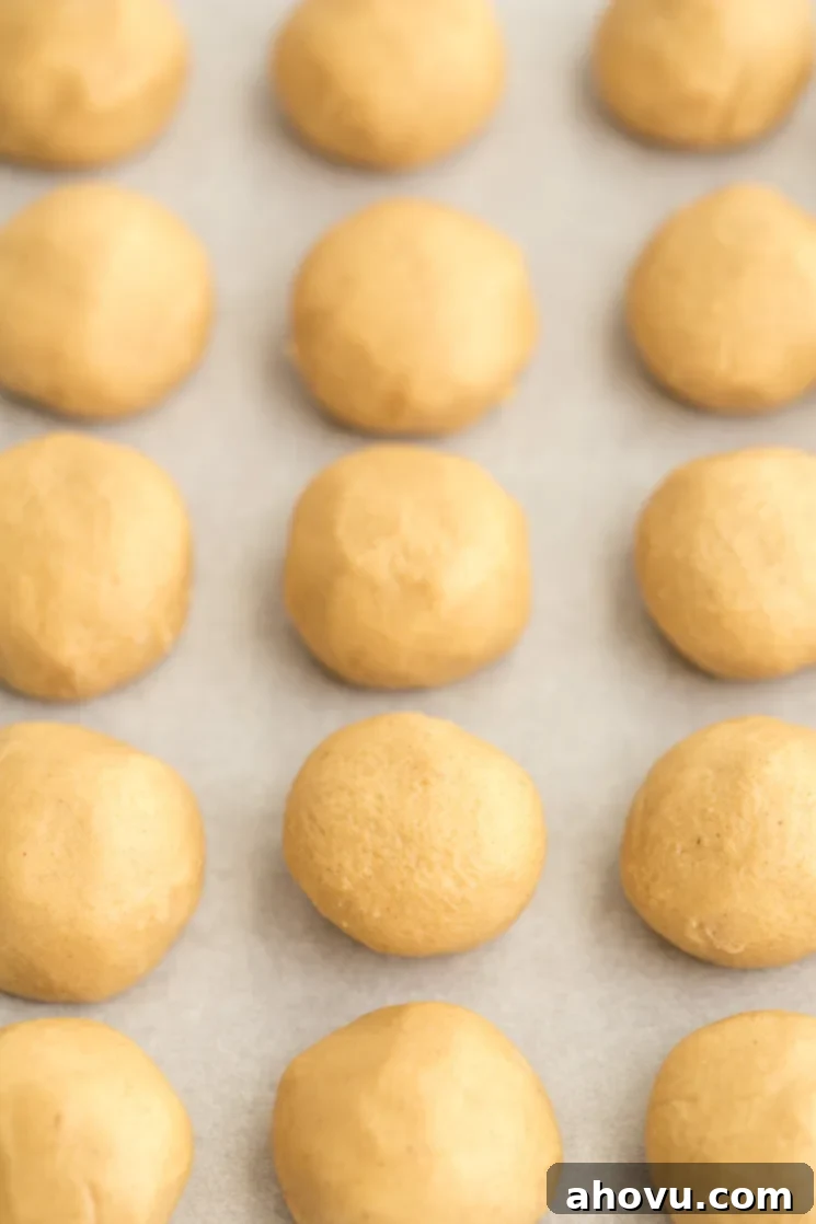 A baking sheet lined with the rolled peanut butter mixture.