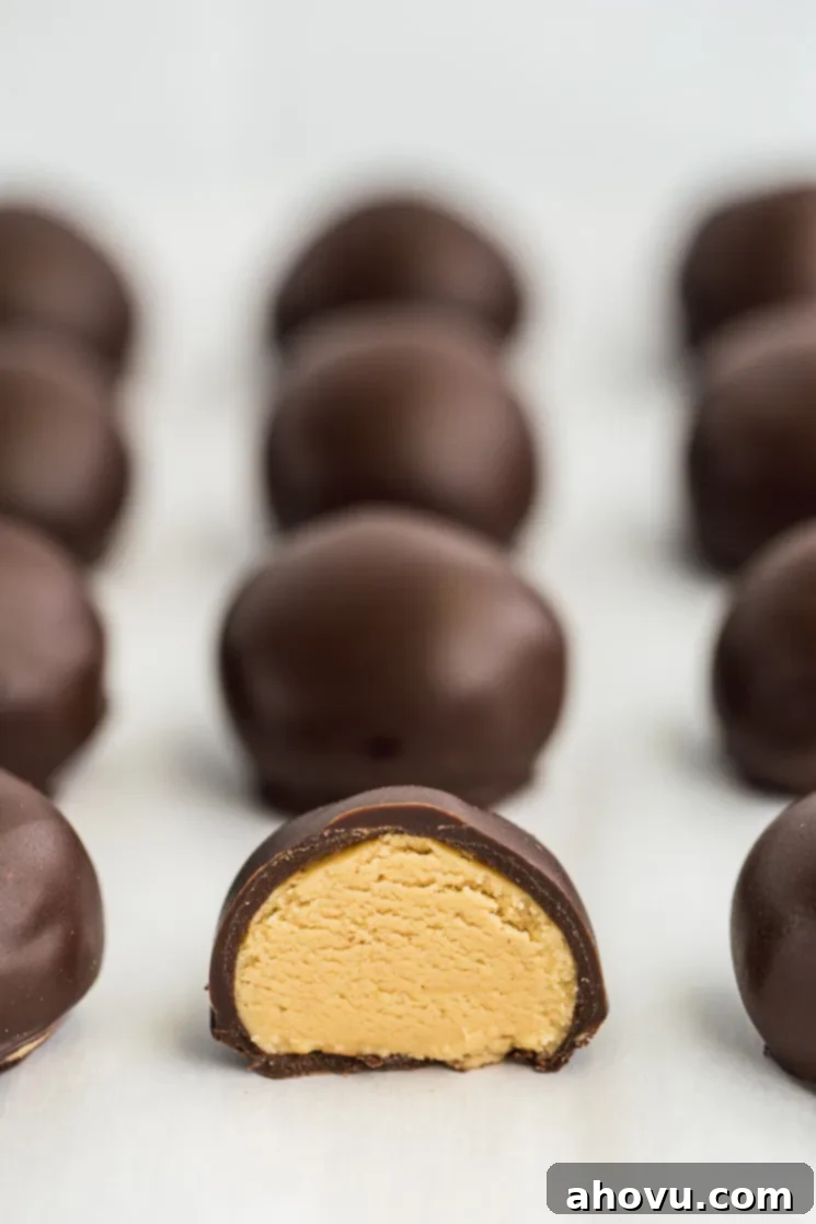 A baking sheet filled with finished peanut butter balls and one cut in half to show the inside. 