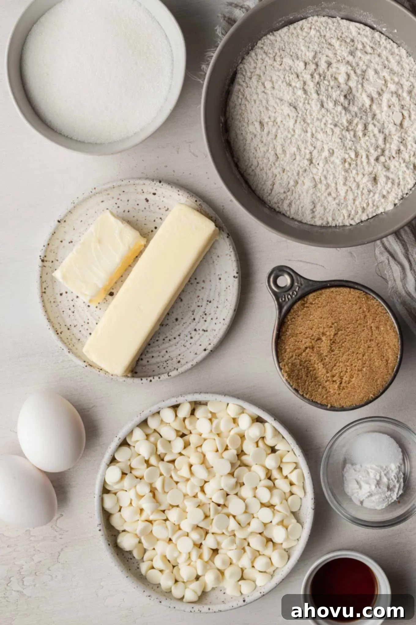 An overhead view of the simple, essential ingredients needed to make this easy blondie recipe, laid out on a clean surface.