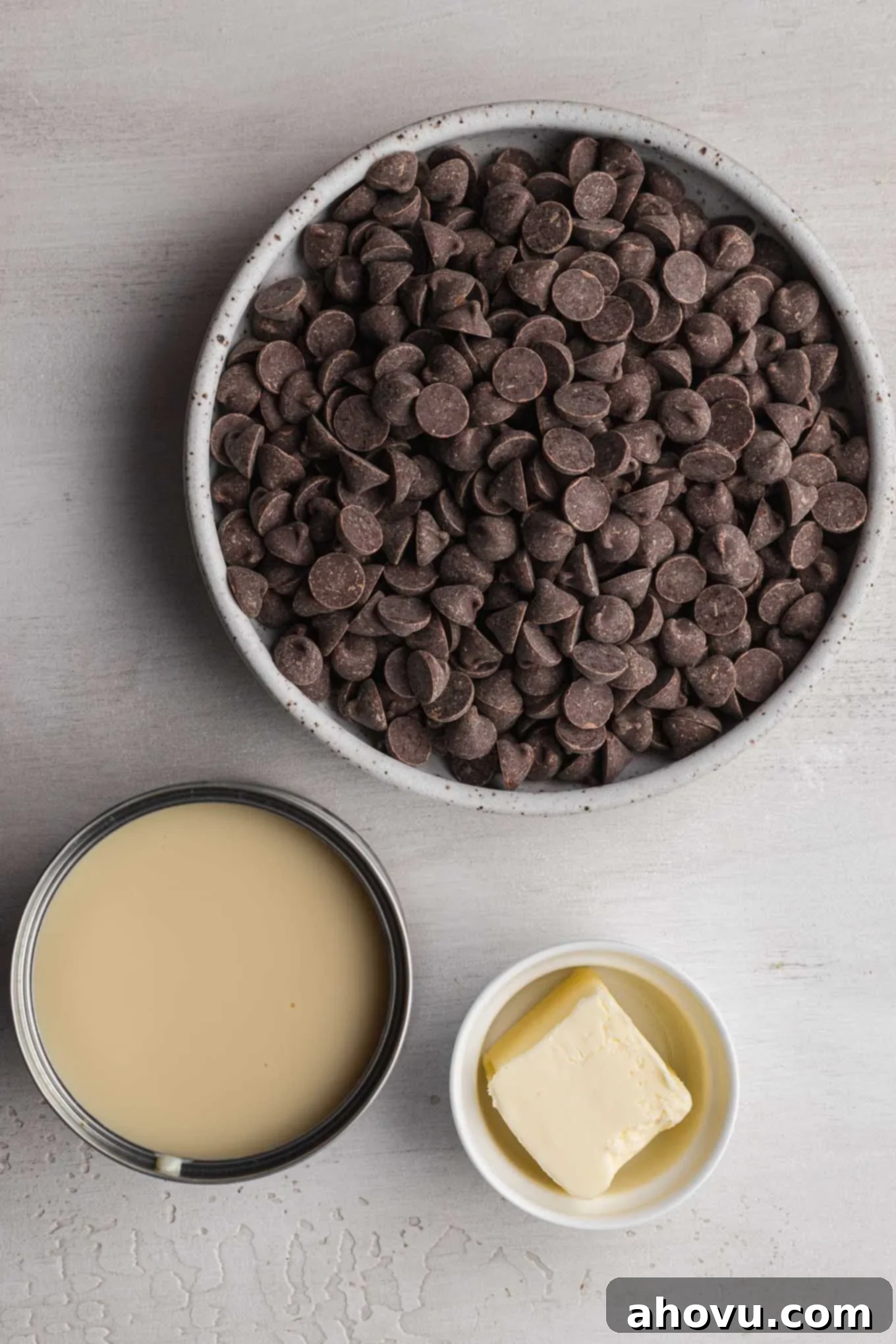 Foolproof Fudge in Minutes 3 An overhead view of the ingredients needed to make simple chocolate fudge with sweetened condensed milk.