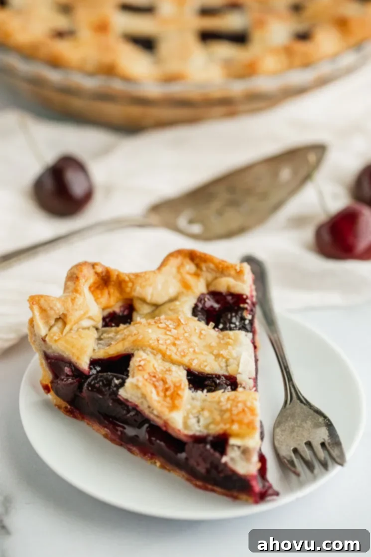 A slice of cherry pie on a white plate with an antique silver fork. 