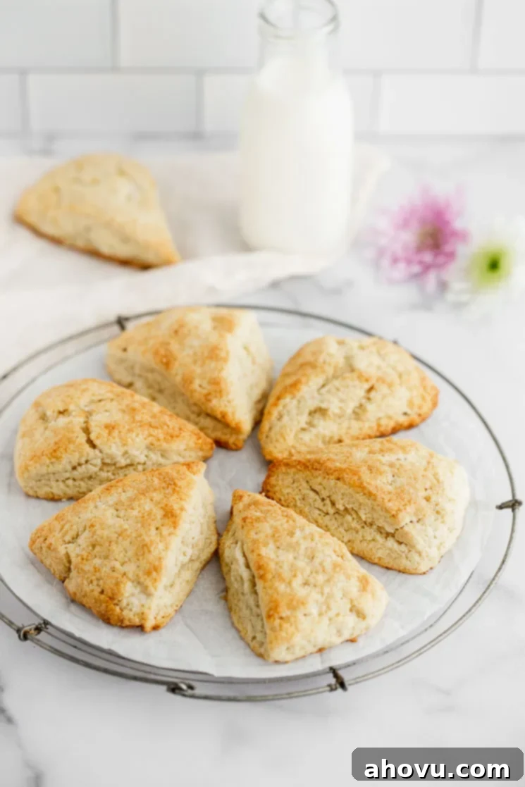 A cooling rack displaying freshly baked scones arranged in a circle, with a glass of milk and fresh flowers in the soft-focus background.