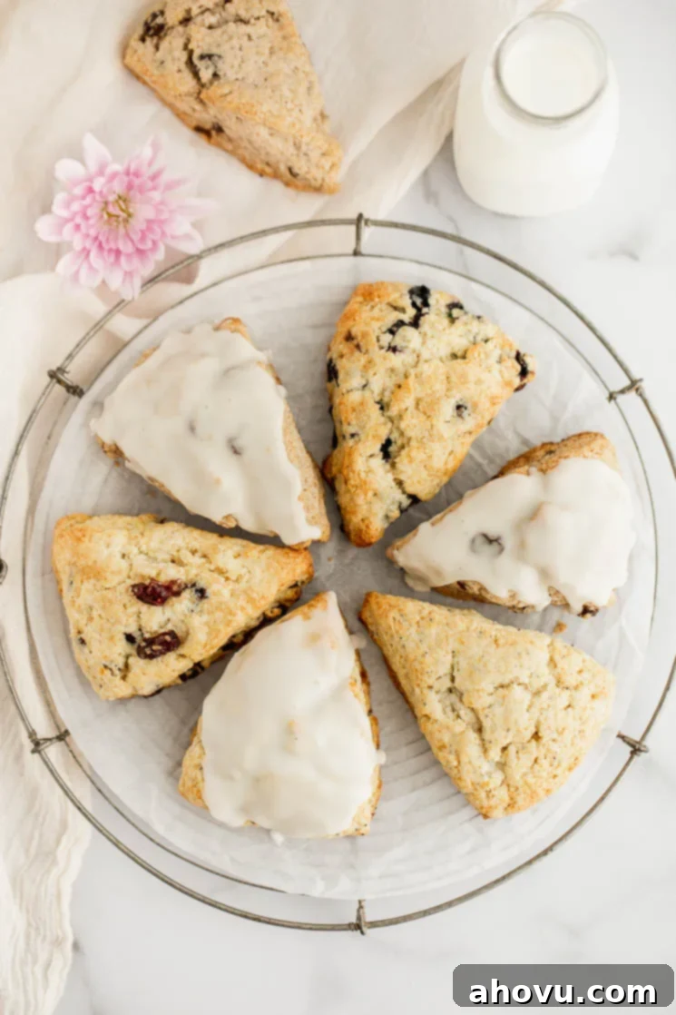 A charming display of assorted baked scones arranged in a circle on a cooling rack, with a glass of milk and an additional scone subtly blurred in the background.