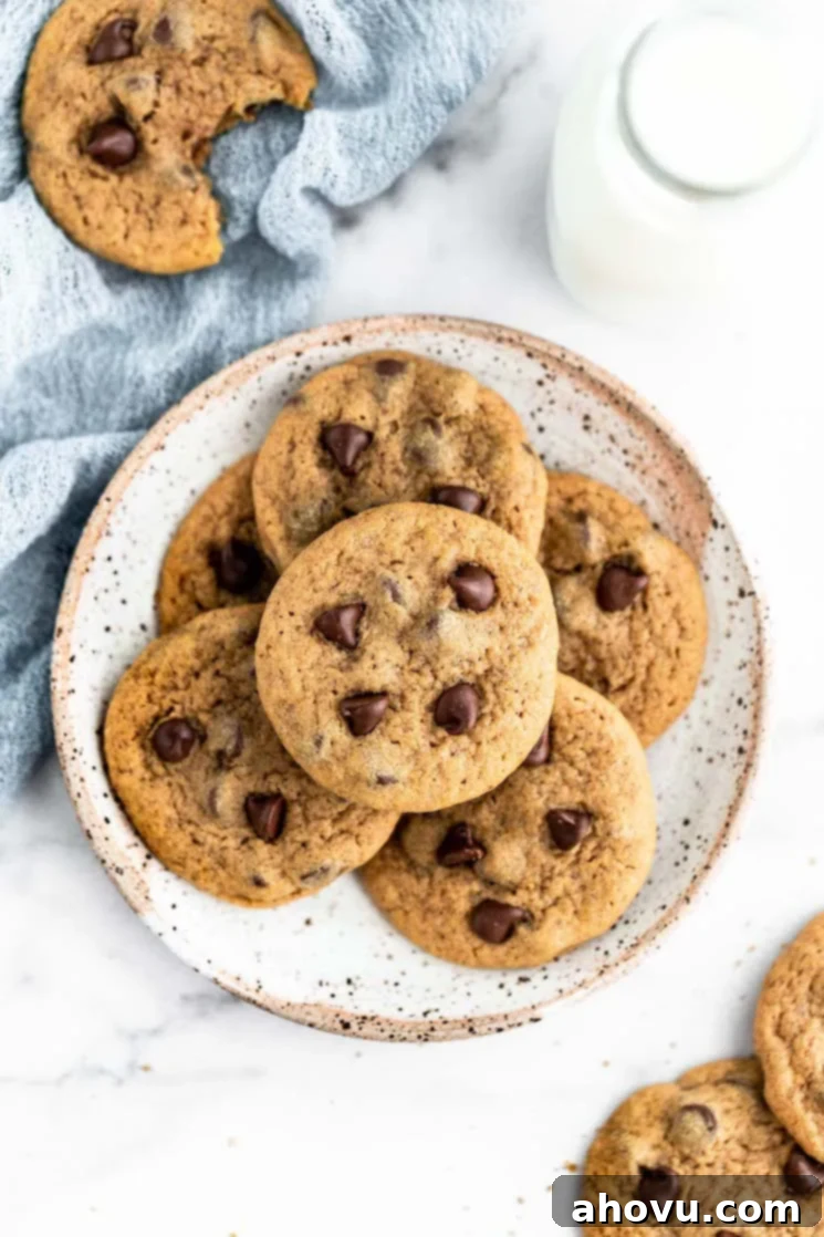 Pumpkin chocolate chip cookies on a speckled plate with milk and more cookies around them.