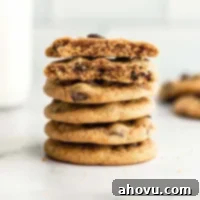 A stack of pumpkin chocolate chip cookies on a marble surface.
