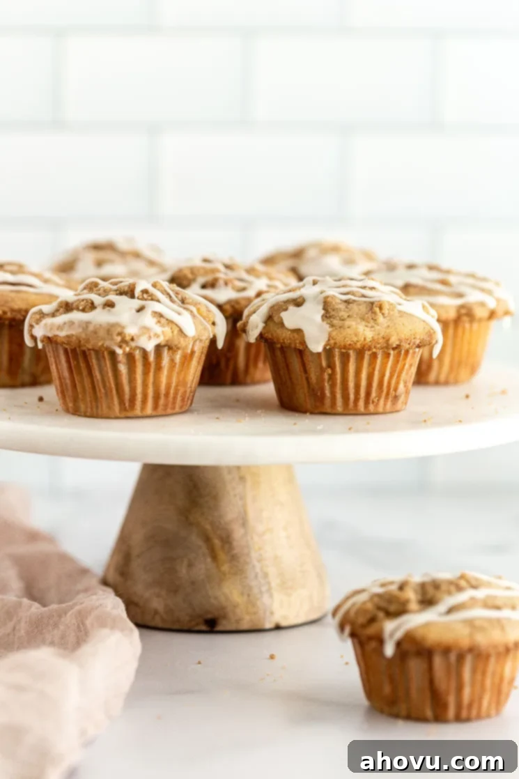 Spiced Apple Muffins 2 Apple muffins sitting on top of a marble cake stand. A close-up shot highlighting the golden-brown crumb topping and visible apple pieces.