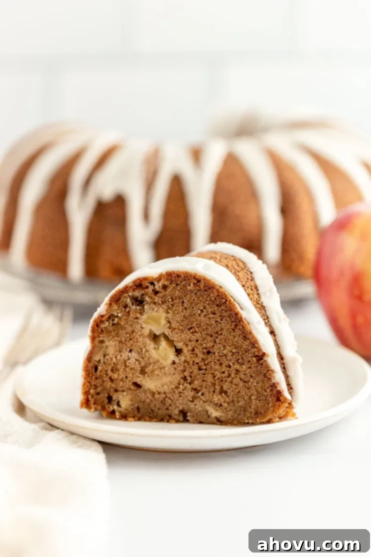 Orchard Apple Delight 5 A slice of apple cake on a white plate, showcasing the apples within.