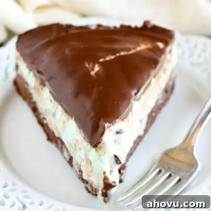 Mint Chocolate Chip Ice Cream Brownie Pie A slice of Mint Chocolate Chip Ice Cream Brownie Pie, showing layers of brownie and green ice cream, topped with chocolate drizzle.