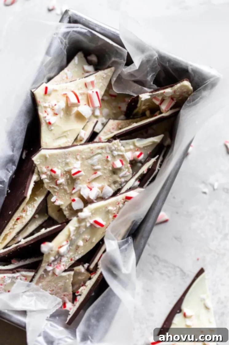 A metal loaf pan filled with broken pieces of homemade peppermint bark, beautifully topped with vibrant crushed candy canes, ready to be enjoyed.