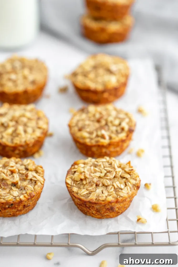 A cooling rack lined with parchment paper with multiple banana baked oatmeal cups on top, ready for breakfast or meal prep.