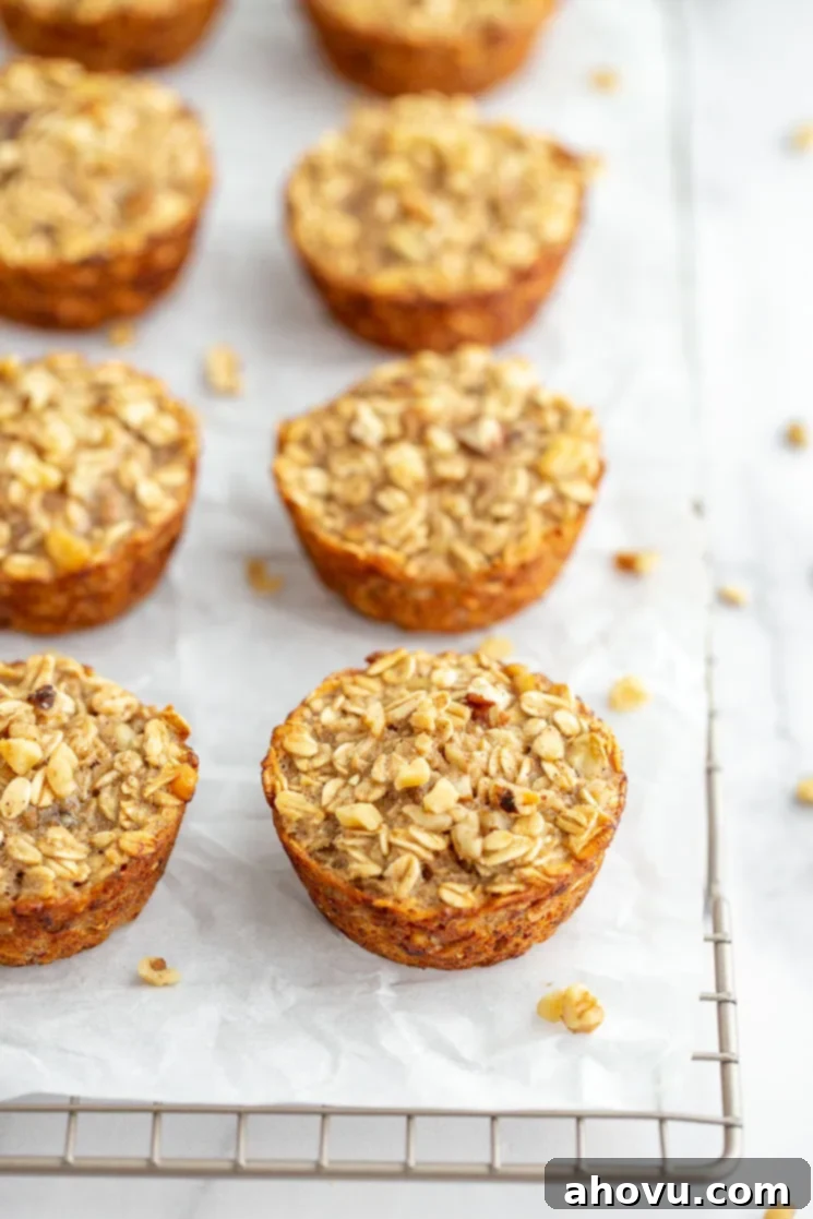 A cooling rack displaying a batch of freshly baked banana baked oatmeal cups.